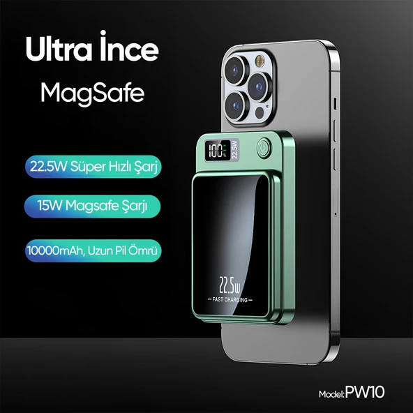 Phixi Force PW10 10000mAh 22.5W MagSafe Powerbank  - Kablosuz Mini Şarj Cihazı - 1 USB 1 PD Port - Dijital Ekran - Taşınabilir Şarj Cihazı - Resim 9