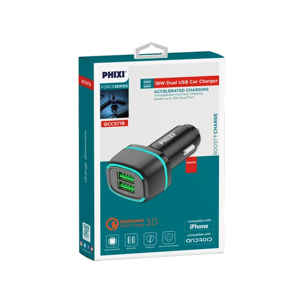Phixi Force QCC571 Çift Çıkışlı Araç Şarj Adaptörü - 2
