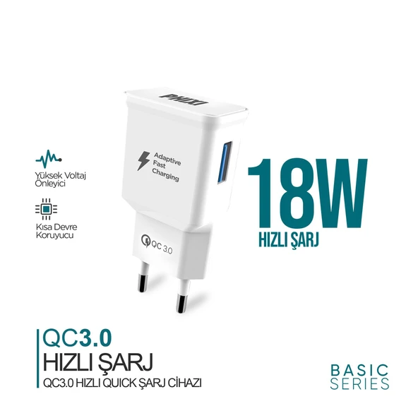 Phixi QCH202 Basic 12V / 3A Qualcomm 3.0 Hızlı Şarj Adaptörü