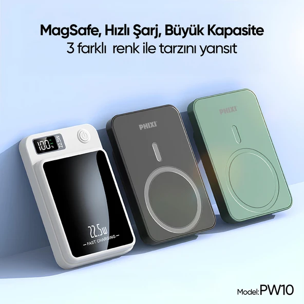 Phixi Force PW10 10000mAh 22.5W MagSafe Powerbank  - Kablosuz Mini Şarj Cihazı - 1 USB 1 PD Port - Dijital Ekran - Taşınabilir Şarj Cihazı - Resim 11