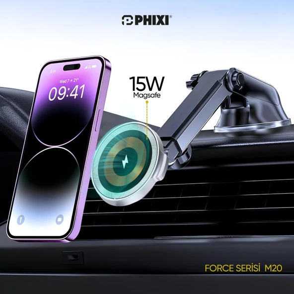 Phixi Force M20 15W Hızlı Şarj Kablosuz Araç Şarj Cihazı Tutucu, Manyetik Katlanabilir Telefon Tutucu - 4