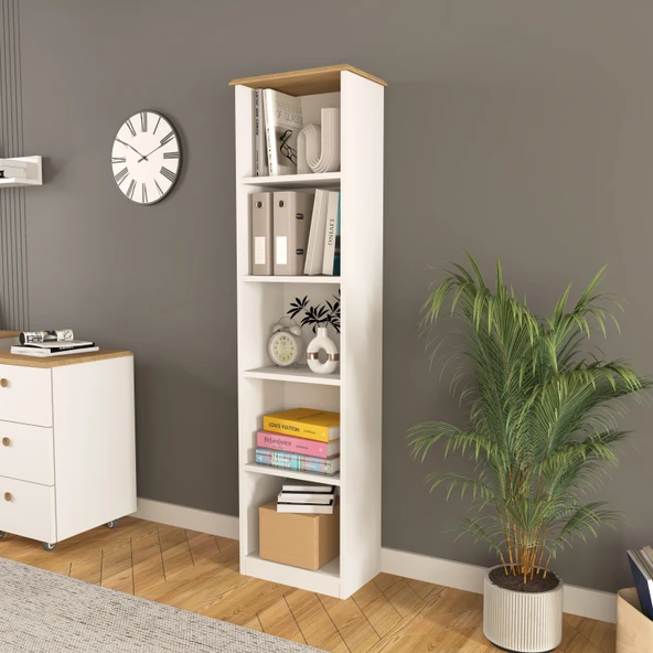 Olven Kitaplık 5 Raflı , 162 cm Beyaz-Meşe - 2