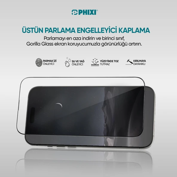 Phixi Gorilla Guard iPhone 15 Pro Max Kırılmaz Cam – HD Temperli, Tekrar Yapışabilir, Suyla Temizlenebilir, Anti-Statik, Süper Kavisli Ekran Koruyucu - 3