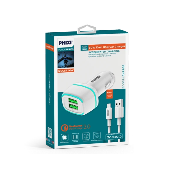 Phixi Force QCC571M Çift Çıkışlı Fast Micro USB Kablolu Araç Şarj Cihazı - 2