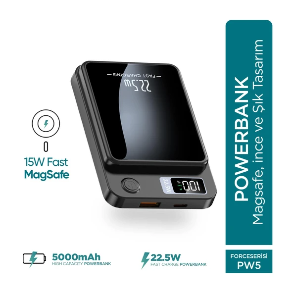 Phixi Force PW5 5000mAh 22.5W MagSafe Powerbank  - Kablosuz Mini Şarj Cihazı - 1 USB 1 PD Port - Dijital Ekran - Taşınabilir Şarj Cihazı - Resim 7