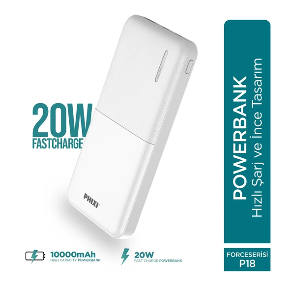Phixi Basic P18 22.5W 10000mAh Hızlı Şarj Cihazı - PD Powerbank - 1 PD 1 USB Port LED Gösterge - Taşınabilir Şarj Cihazı - 7