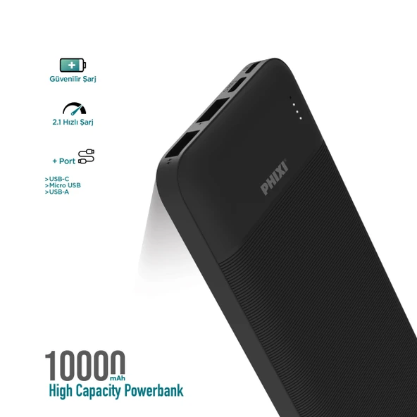 Phixi Basic P10 10000mAh Powerbank 10W - 2 Port LED Gösterge - Taşınabilir Şarj Cihazı - 8