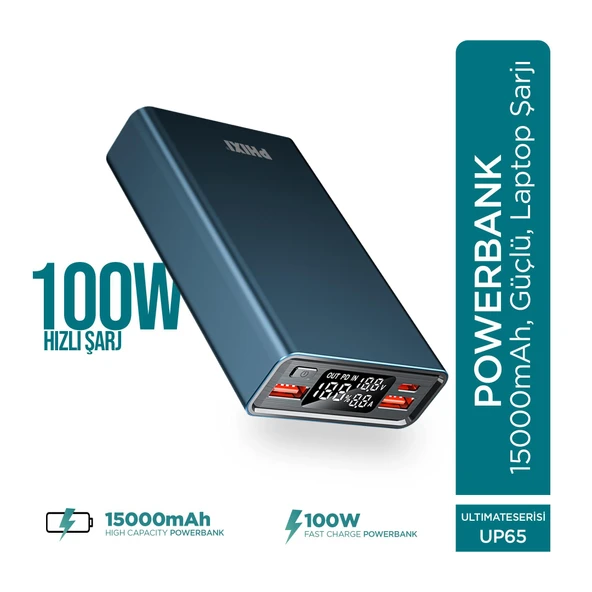 Phixi Ultimate UP65 15000mAh 100W Süper Hızlı Şarj Cihazı  - Laptop Şarj Edebilir Powerbank - 2 USB 2 PD Port - Dijital Ekran - Taşınabilir Şarj Cihazı