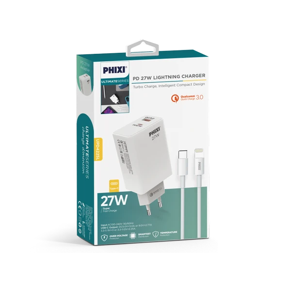 PHİXİ ULTİMATE UPD4225L 27W PD ÇİFT ÇIKIŞLI LIGHTNING HIZLI ŞARJ ADAPTÖRÜ - 3