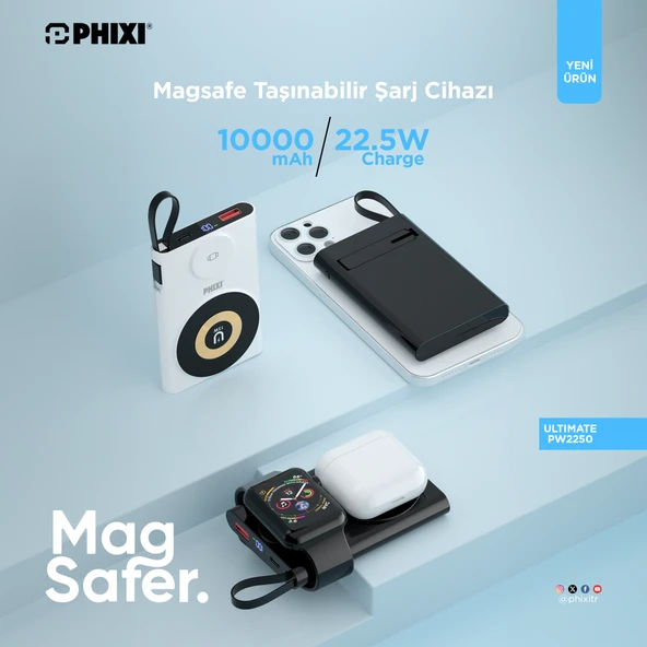 Phixi Ultimate PW2250 10000mAh 22.5W Kendinden Kablolu MagSafe Powerbank + Watch + Stand - Kablosuz Şarj Cihazı - 1 PD 1 USB Port - Dijital Ekran - Taşınabilir Şarj Cihazı - 2
