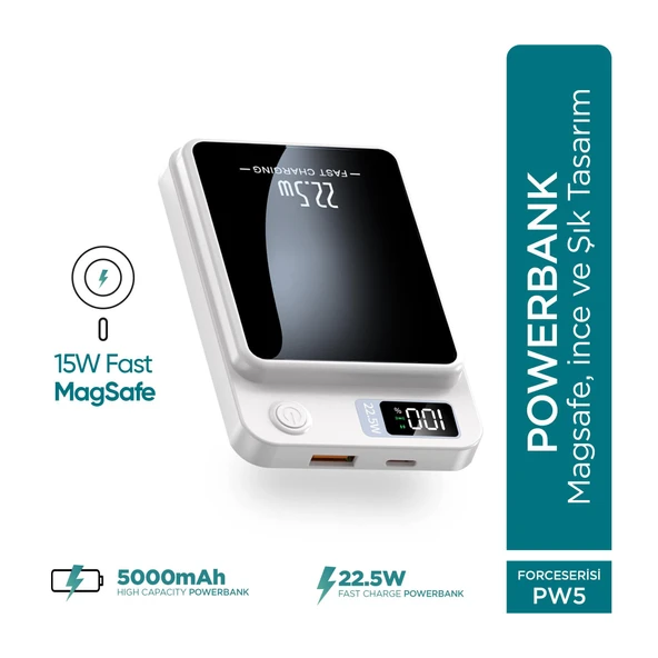 Phixi Force PW5 5000mAh 22.5W MagSafe Powerbank  - Kablosuz Mini Şarj Cihazı - 1 USB 1 PD Port - Dijital Ekran - Taşınabilir Şarj Cihazı ürün görseli 1