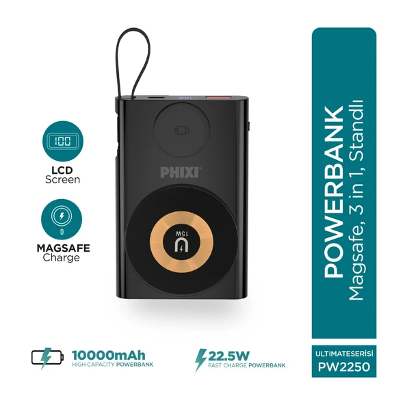 Phixi Ultimate PW2250 10000mAh 22.5W Kendinden Kablolu MagSafe Powerbank + Watch + Stand - Kablosuz Şarj Cihazı - 1 PD 1 USB Port - Dijital Ekran - Taşınabilir Şarj Cihazı