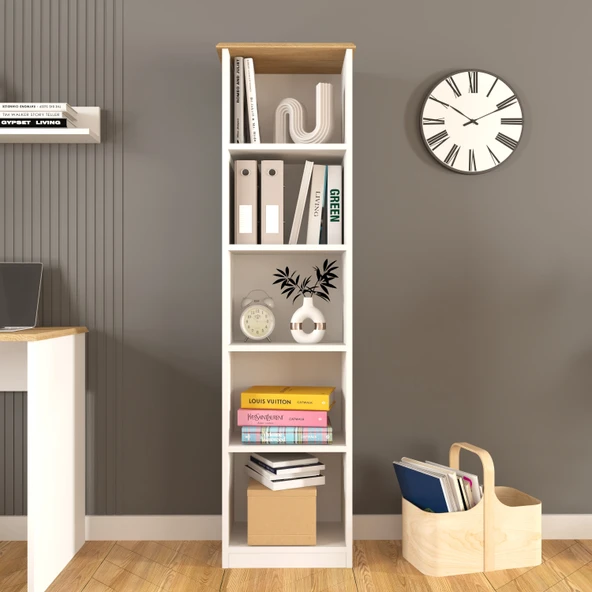 Olven Kitaplık 5 Raflı , 162 cm Beyaz-Meşe - 1