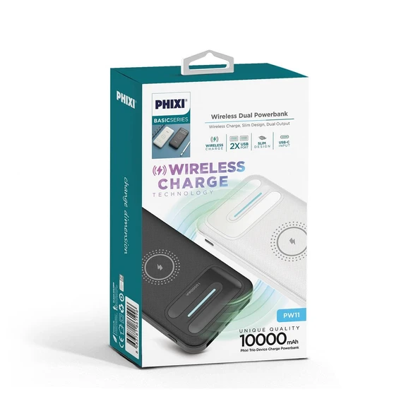 Phixi Basic PW11 10000mAh 10W Kablosuz Şarj Cihazı - Wireless Powerbank - 2 USB Port - LED Gösterge - Taşınabilir Şarj Cihazı - 6