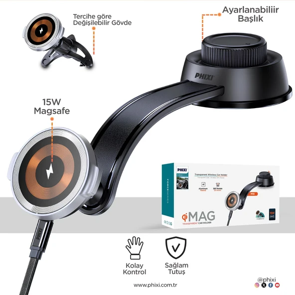 Phixi Force M18 15W Hızlı Şarj Kablosuz Araç Şarj Cihazı Tutucu, Manyetik Katlanabilir Telefon Tutucu - 3
