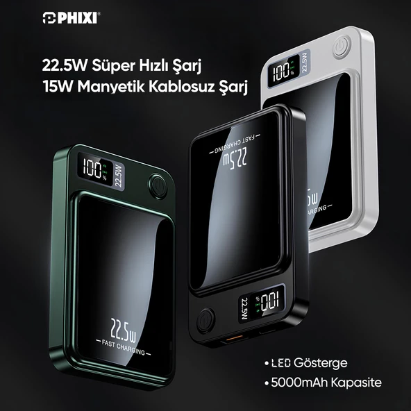 Phixi Force PW5 5000mAh 22.5W MagSafe Powerbank  - Kablosuz Mini Şarj Cihazı - 1 USB 1 PD Port - Dijital Ekran - Taşınabilir Şarj Cihazı - Resim 8