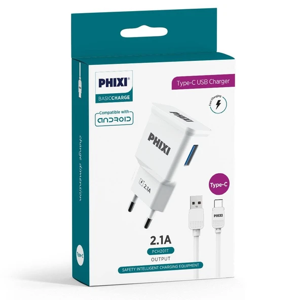 Phixi PCH201T Basic 2.1A Type-C USB Kablolu Şarj Cihazı - Resim 3