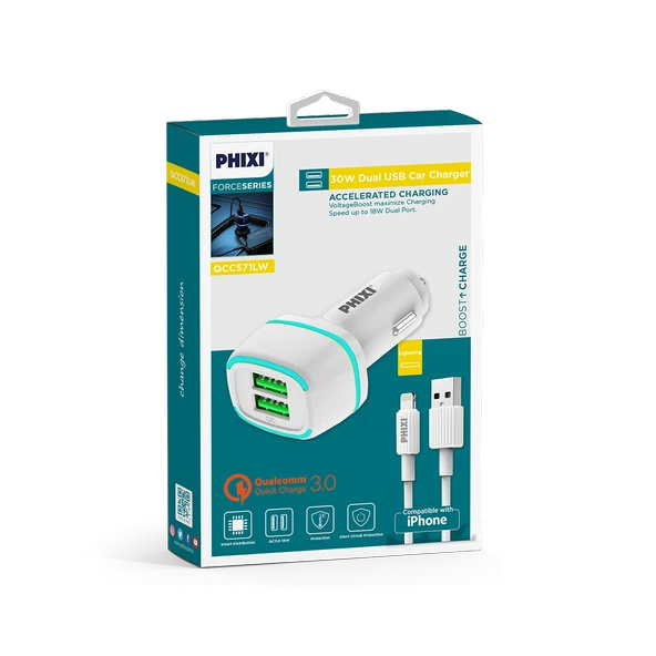 Phixi Force QCC571L Çift Çıkışlı Fast Lightning USB Kablolu Araç Şarj Cihazı - 2