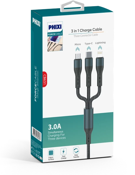 Phixi Force CB631 Örgülü ve Güçlendirilmiş 100 Cm Çoklu Şarj ve Data Kablosu - 2