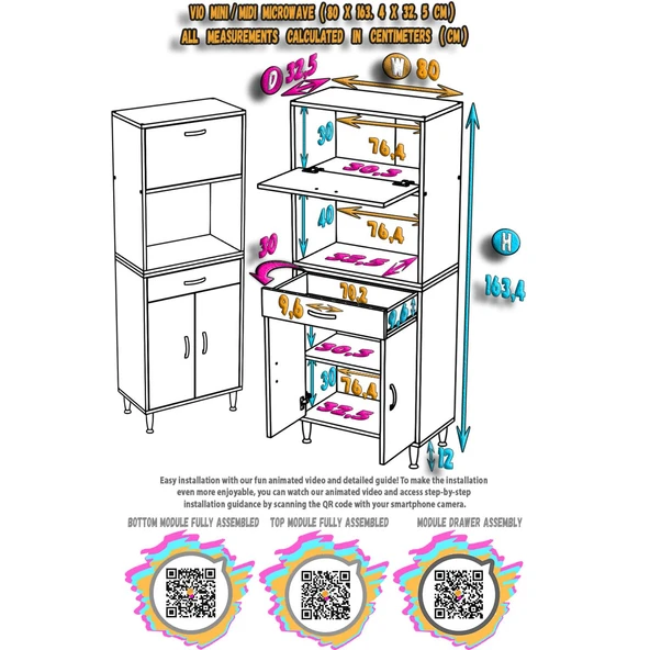 Modilayn VİO (80x163,4x32.5 cm) Çek, Kapaklı, Ekmeklikli. Mini/Midi Mikrodalga Mutfak Dolabı - Resim 5