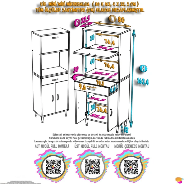 Modilayn VİO (80x163,4x32.5 cm) Çek, Kapaklı, Ekmeklikli. Mini/Midi Mikrodalga Mutfak Dolabı - 4