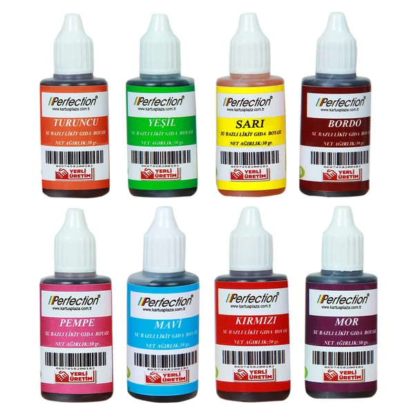 Perfection CHEF 8'li Sıvı Su Bazlı Likit Gıda Boyası Bordo Pembe Turuncu Sarı Kırmızı Mavi Yeşil Mor 8 X 30 gr . ürün görseli