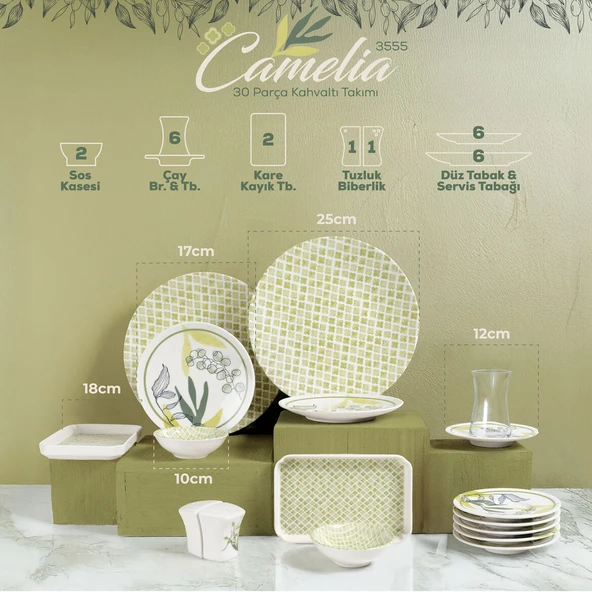 GÜRAL PORSELEN Camelia 30 Parça 6 Kişilik Kahvaltı Takımı 3555 - 4