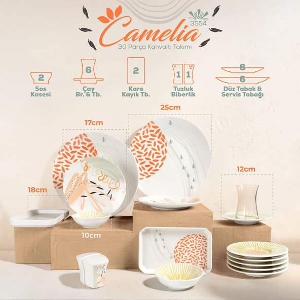 GÜRAL PORSELEN Camelia 30 Parça 6 Kişilik Kahvaltı Takımı 3554 - 4