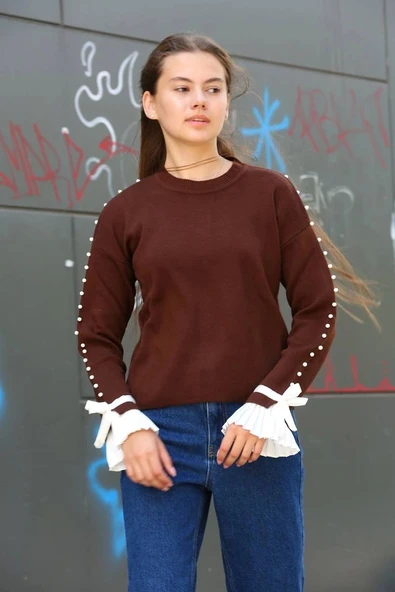 Boncuklu bile detaylı kazak kahve - 3