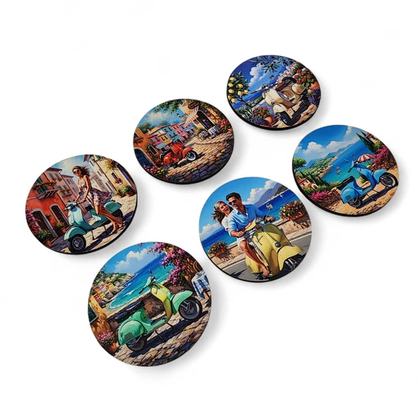 Vintage İtalyan Motosiklet Bardak Altlığı Seti - Resim 3