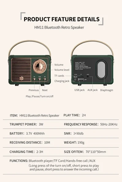 Dw13 yeşil bluetooth mini 11 cm x 8 (-+1) hoparlör kablosuz Retro hoparlör eski moda klasik stil güçlü - Resim 5