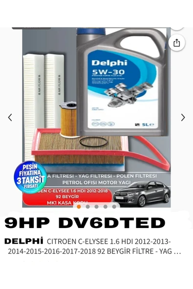 CITROEN C-ELYSEE 1.6 HDI 2012-2018 92 BEYGİR FİLTRE - DELPHİ YAG BAKIM SETİ ürün görseli