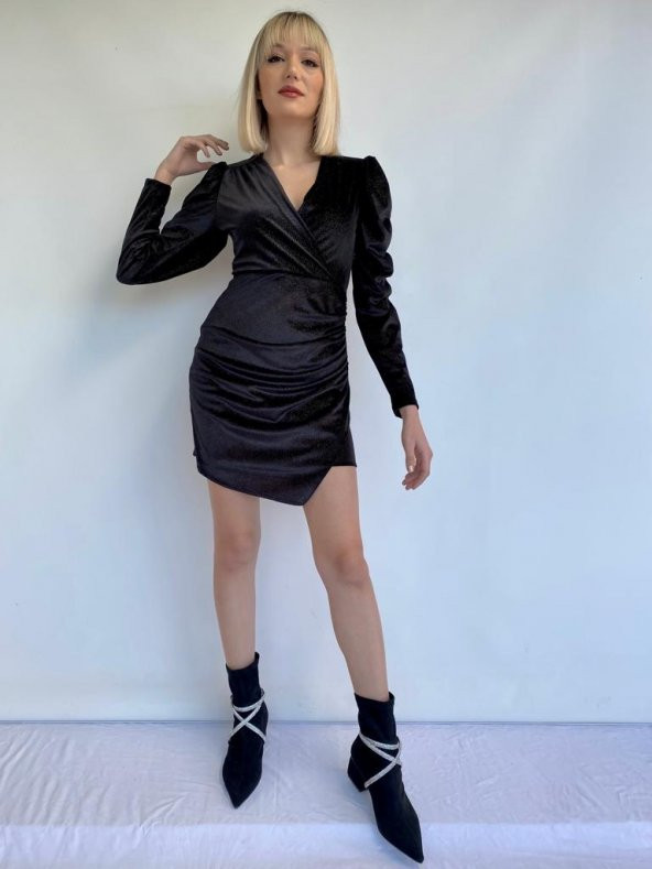 Kadın Siyah Kruvaze Yaka Abiye Elbise - 3