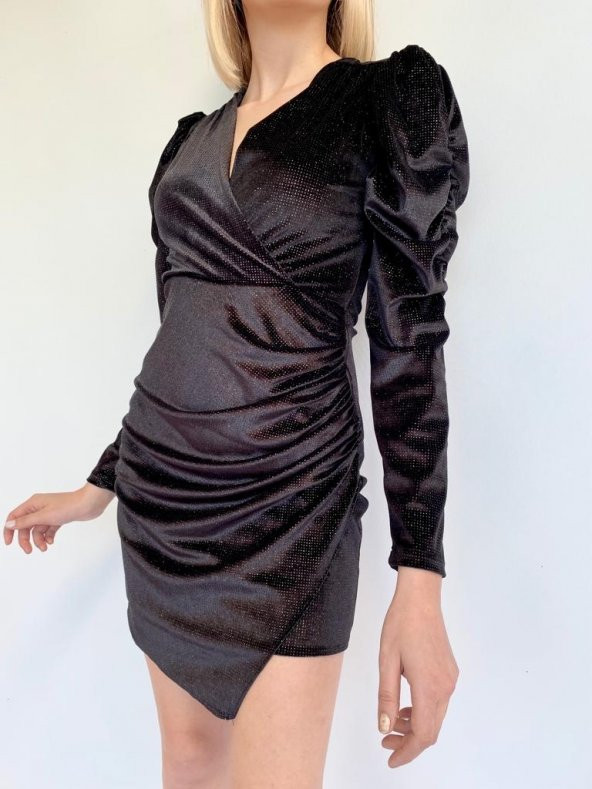 Kadın Siyah Kruvaze Yaka Abiye Elbise - 6