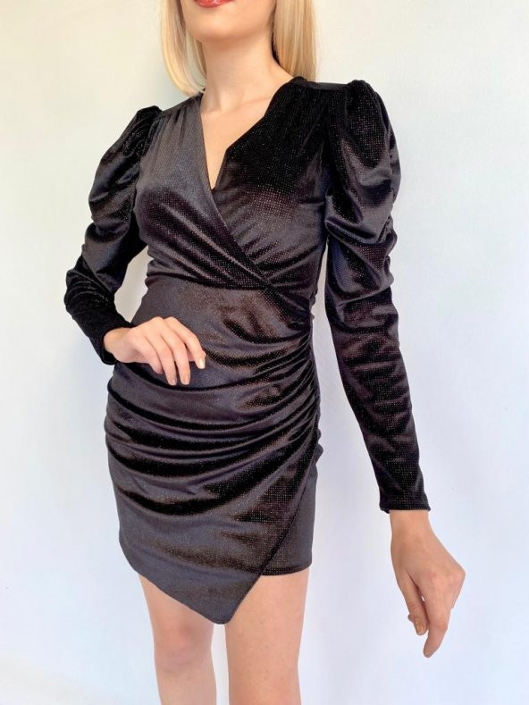 Kadın Siyah Kruvaze Yaka Abiye Elbise - 11