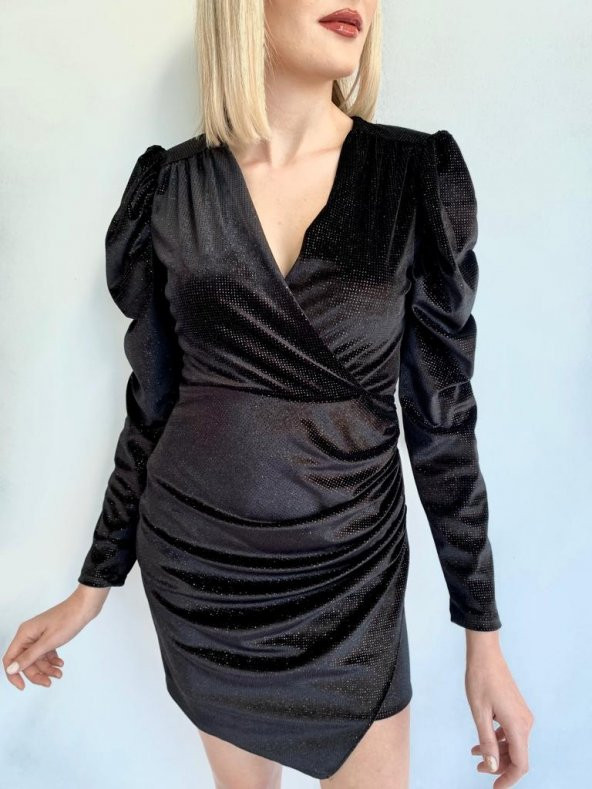 Kadın Siyah Kruvaze Yaka Abiye Elbise - 12