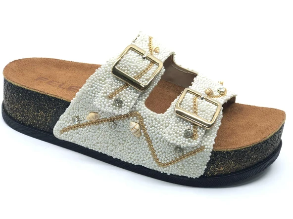 Feles Çift Toka Mantar Taban Taş Detaylı Kadın Terlik - Resim 3