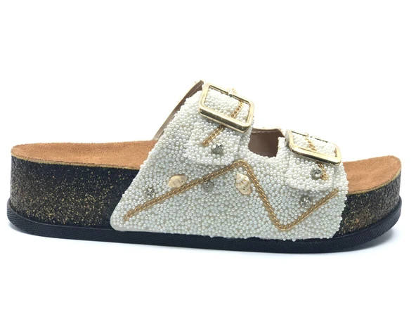 Feles Çift Toka Mantar Taban Taş Detaylı Kadın Terlik - Resim 12