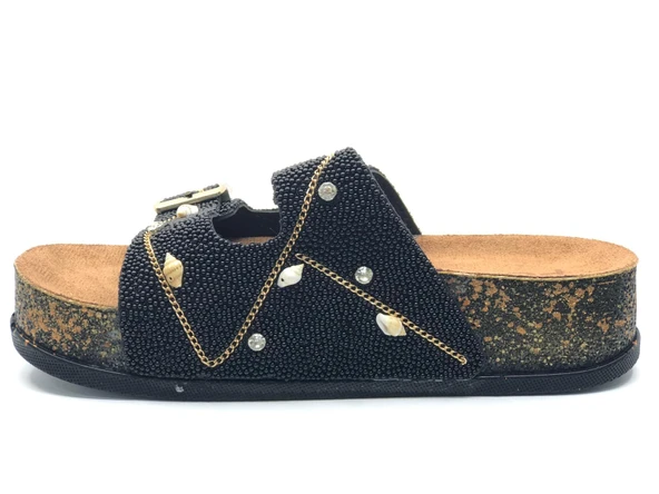 Feles Çift Toka Mantar Taban Taş Detaylı Kadın Terlik - Resim 10