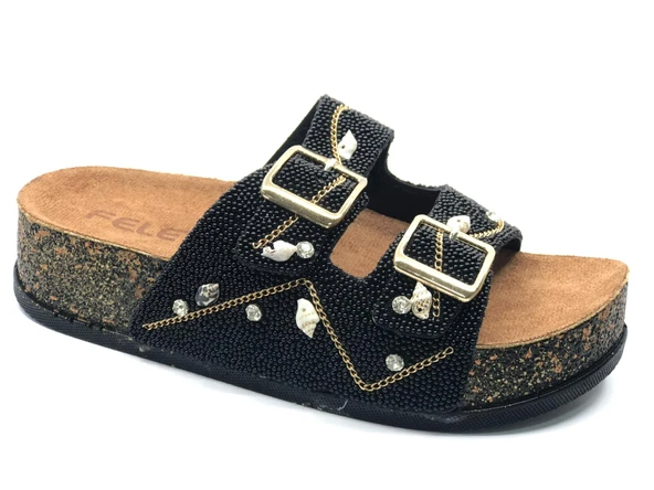 Feles Çift Toka Mantar Taban Taş Detaylı Kadın Terlik - Resim 9