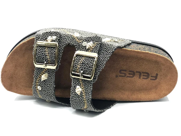 Feles Çift Toka Mantar Taban Taş Detaylı Kadın Terlik - Resim 7