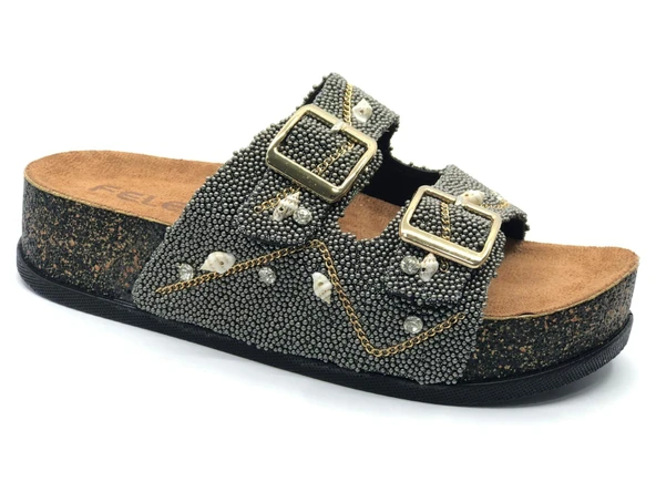 Feles Çift Toka Mantar Taban Taş Detaylı Kadın Terlik - Resim 5