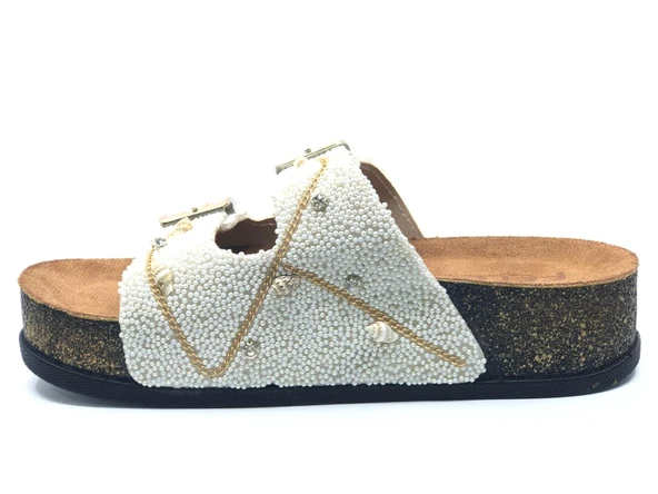 Feles Çift Toka Mantar Taban Taş Detaylı Kadın Terlik - Resim 4