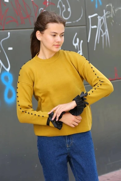 Boncuklu bile detaylı kazak hardal - 4