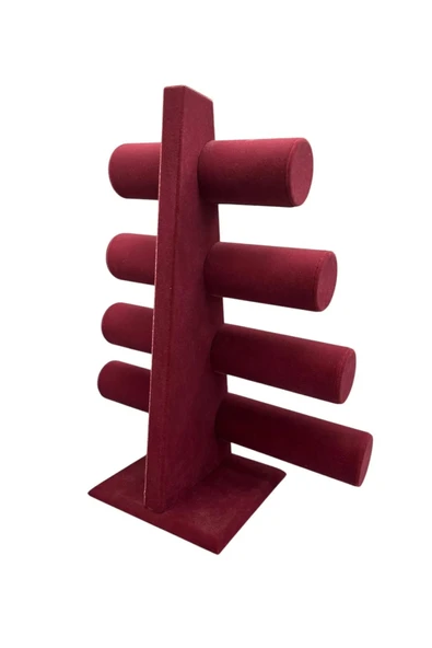 Süet Kumaş Bordo Renk Dört Kademeli 38/34 cm Bileklik-Saat Sergileme Standı - Resim 2