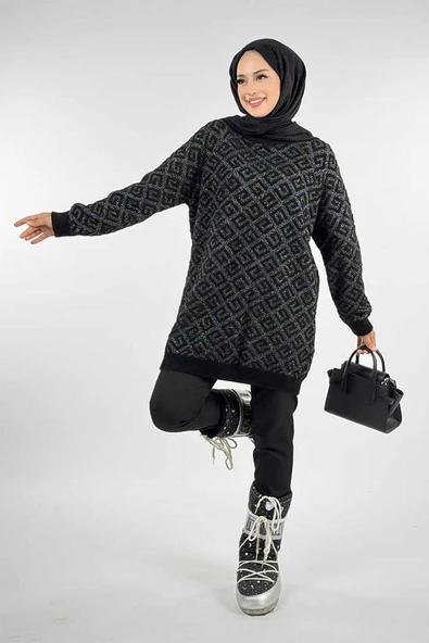 Desenli Bisiklet Yaka Tunik 18326 Siyah ürün görseli 1