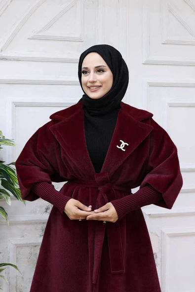 Bel Kuşaklı Yaka Taş Broş Detaylı Kaban 7874 Bordo - Resim 2