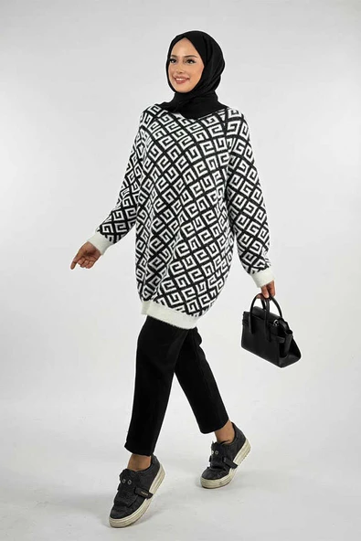 Desenli Bisiklet Yaka Tunik 18326 Ekru - Resim 3