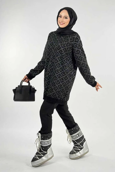 Desenli Bisiklet Yaka Tunik 18326 Siyah - Resim 3