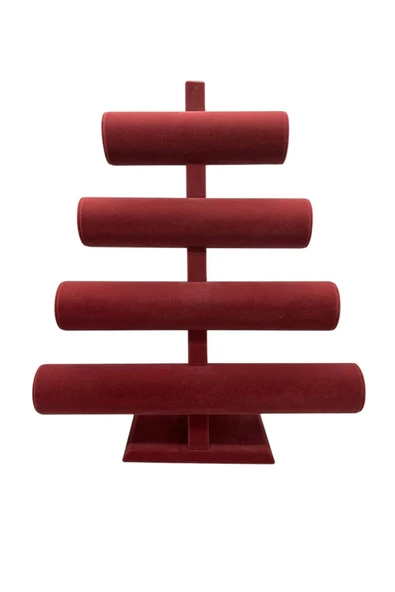 Süet Kumaş Bordo Renk Dört Kademeli 38/34 cm Bileklik-Saat Sergileme Standı - Resim 3